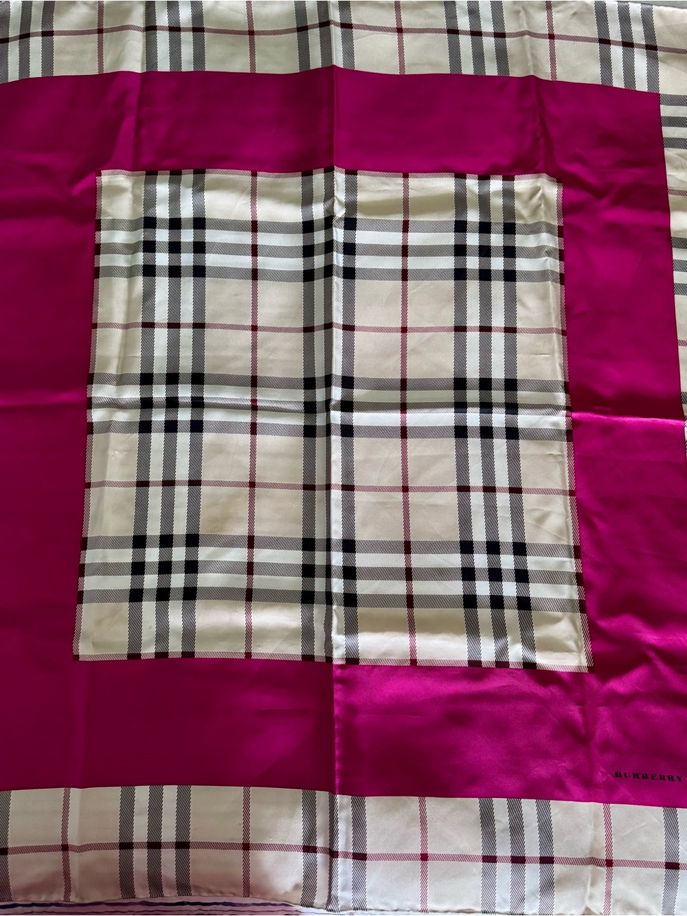 Burberry Beige Plaid Silk Scarf with Fuchsia Border